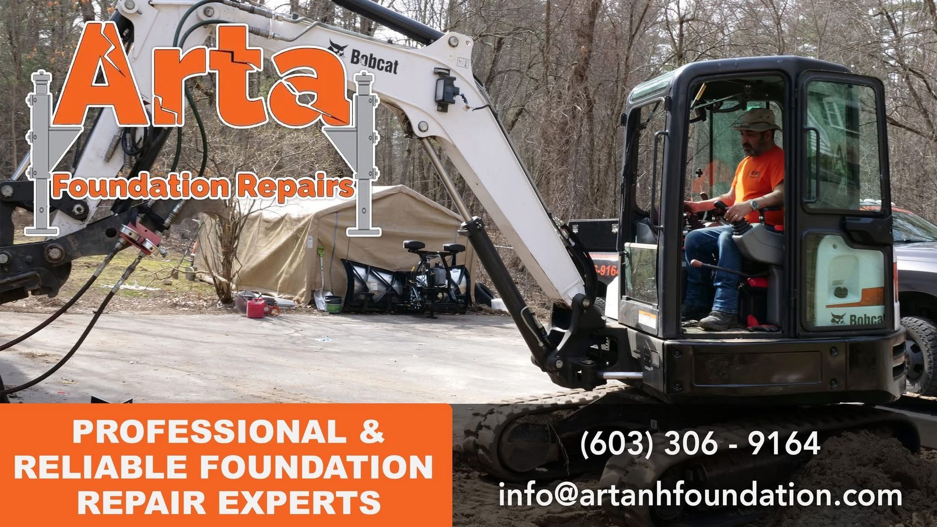 Arta Foundation Repairs advertisement featuring an excavator with contact phone number and email address.