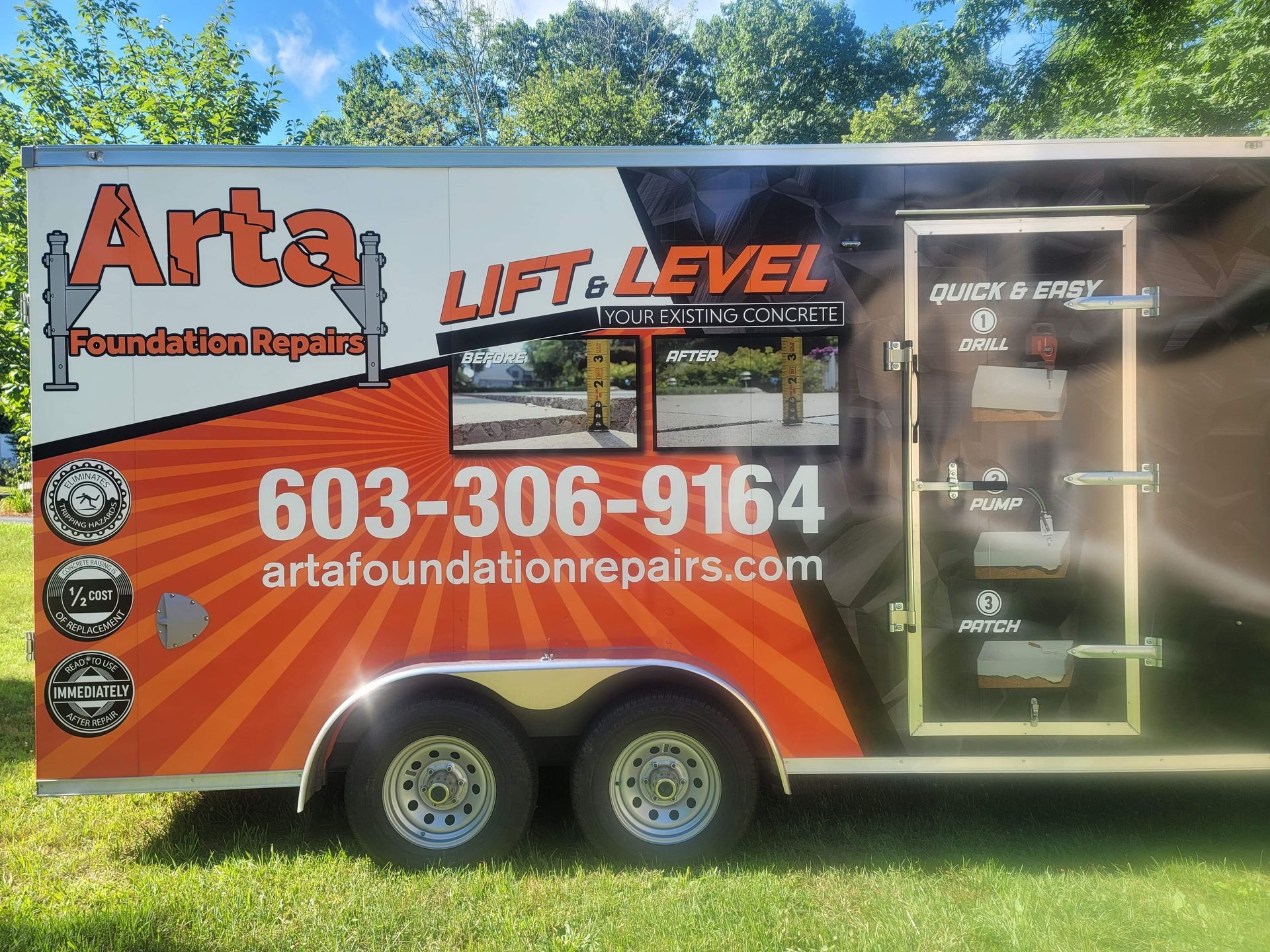 A side view of an Arta Foundation Repair trailer featuring company name, phone number, website, and orange-and-black design.