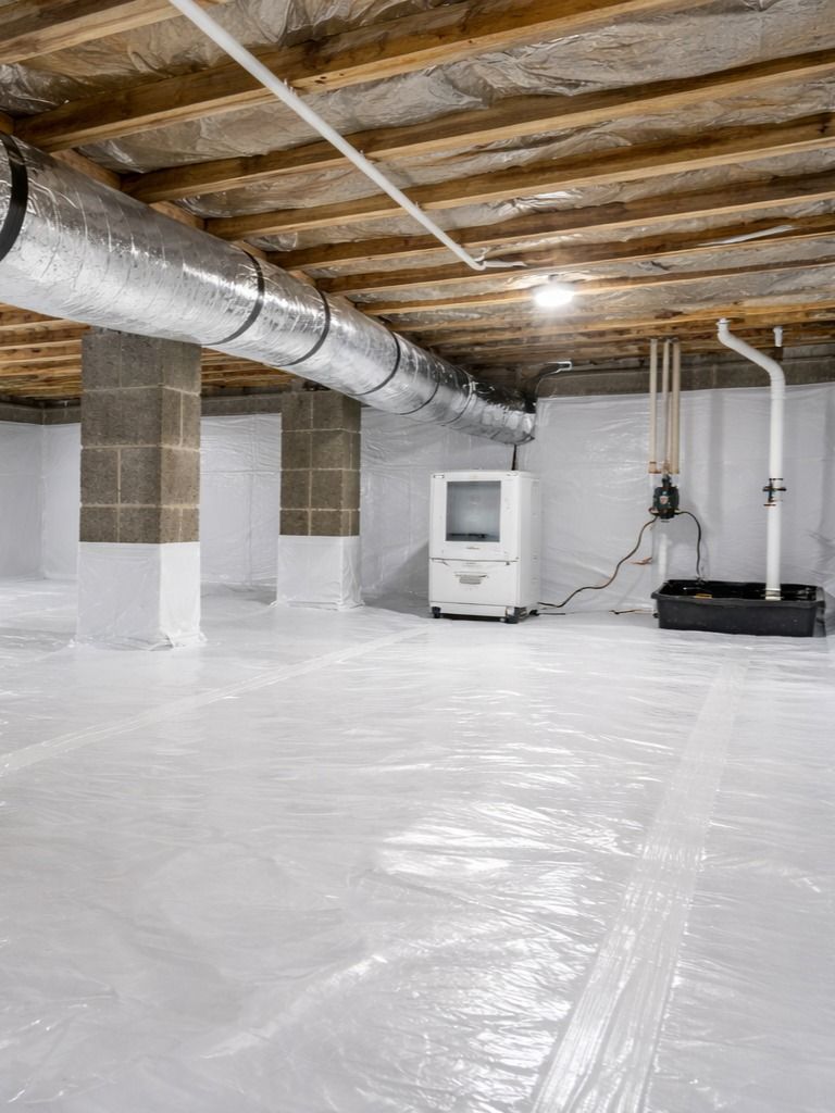 Unfinished basement with white plastic floor covering, exposed ductwork, and a dehumidifier.