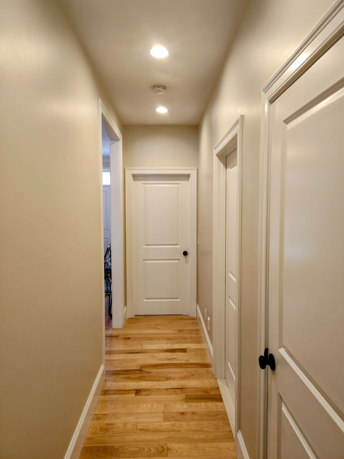 A long hallway with hardwood floors and white doors
