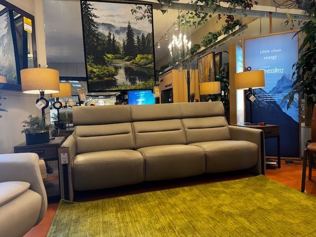 A beige leather sofa on a green rug in a furniture store with nature-themed decor.