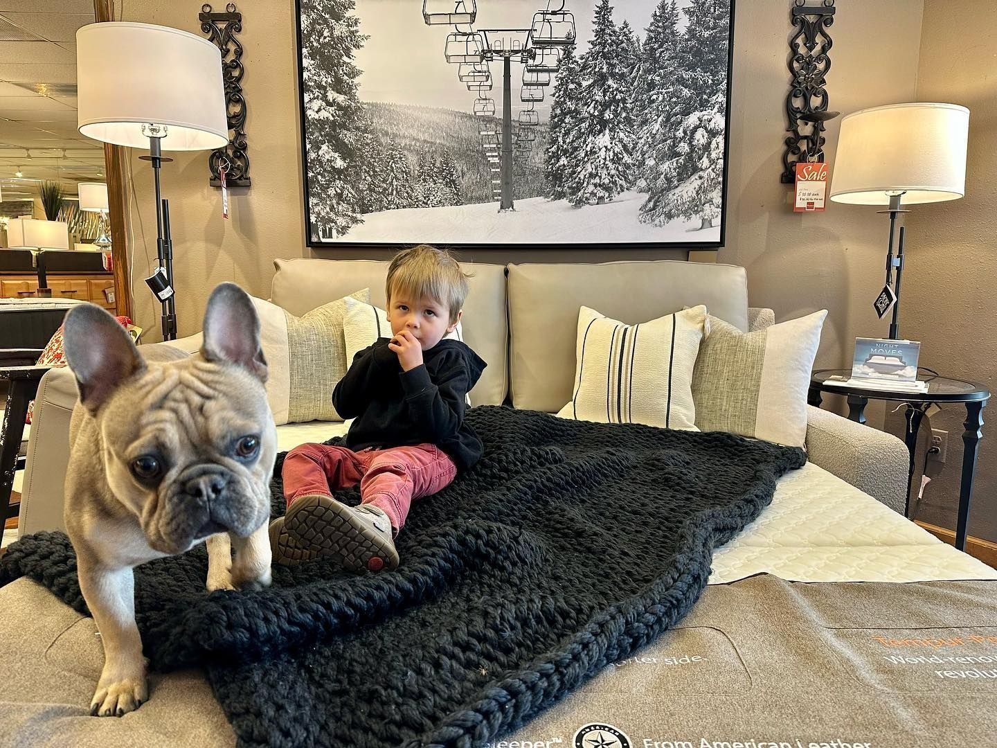 French bulldog with chew toy next to toddler on a bed with throw blanket and ski resort art.