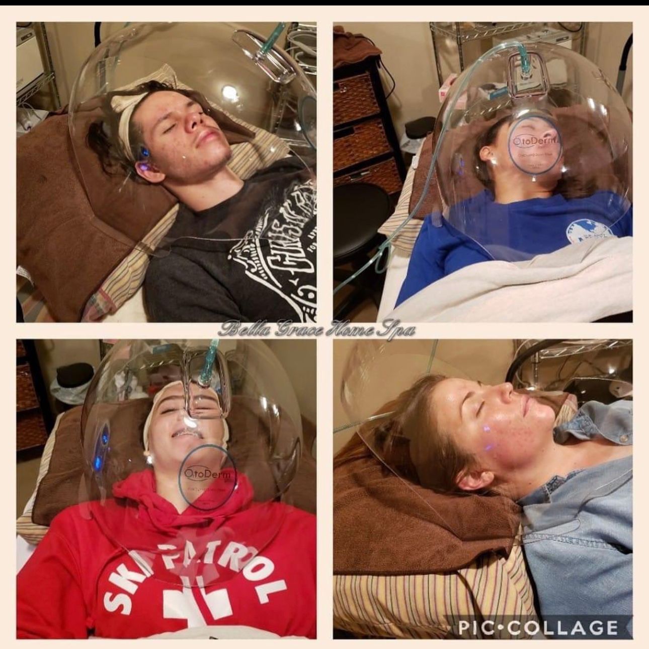 Four people in a spa-like setting inside oxygen domes, possibly for a facial treatment.