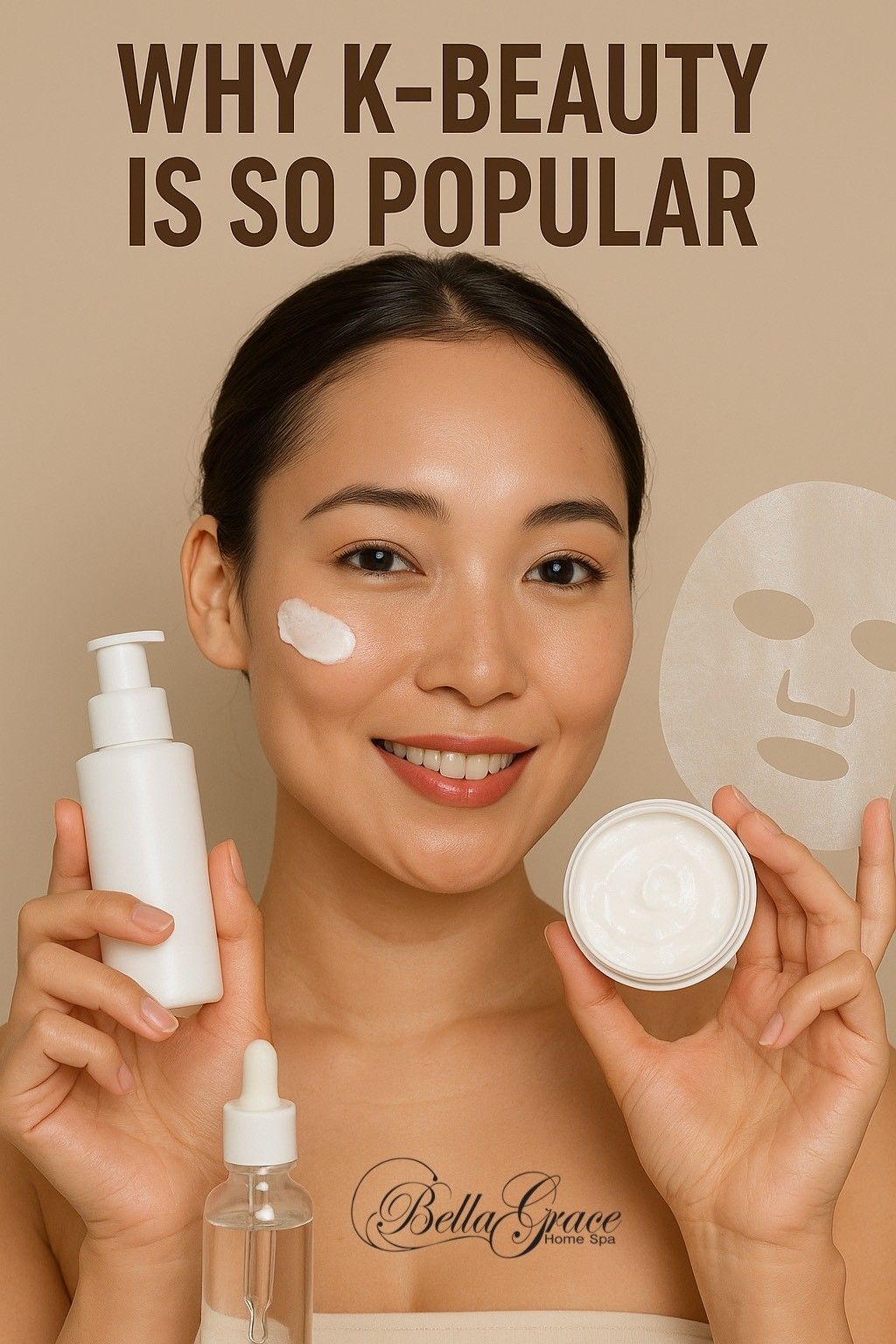 Woman with skincare products, smiling. Beige background with text: 