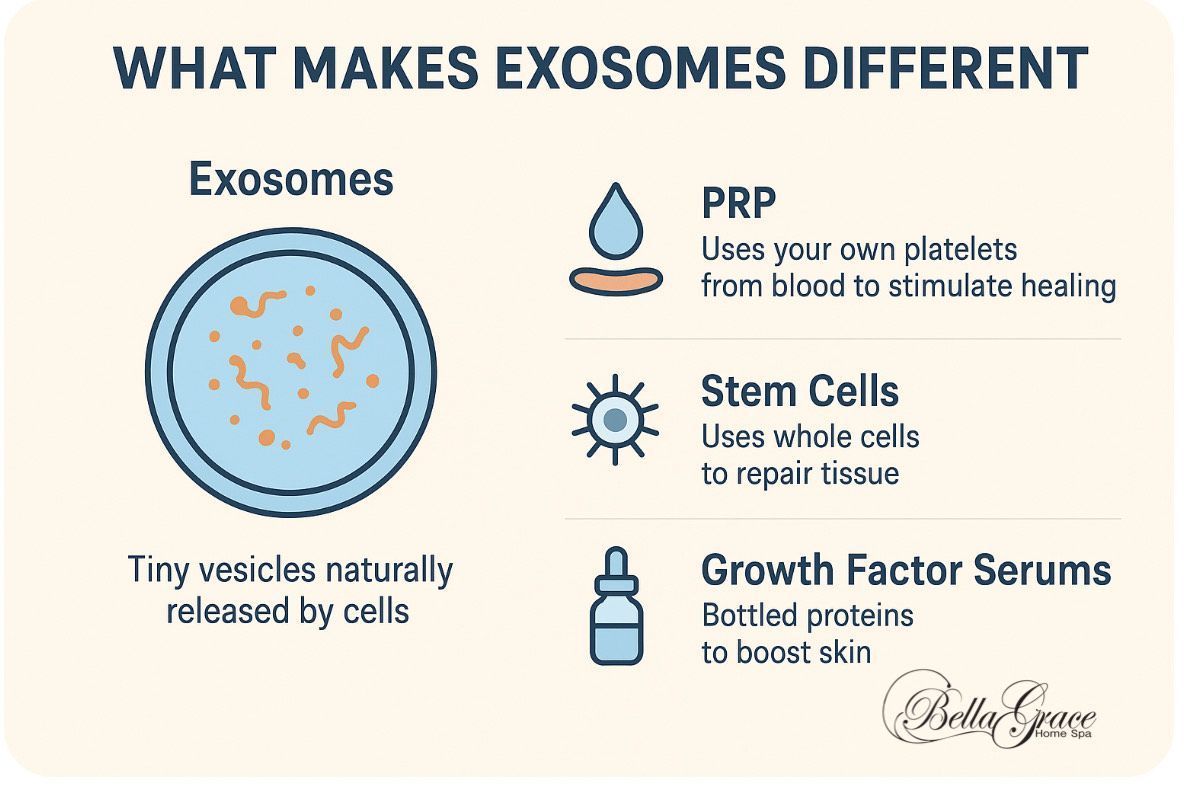 Infographic comparing exosomes to PRP, stem cells, and growth factor serums. Exosomes are tiny vesicles released by cells.