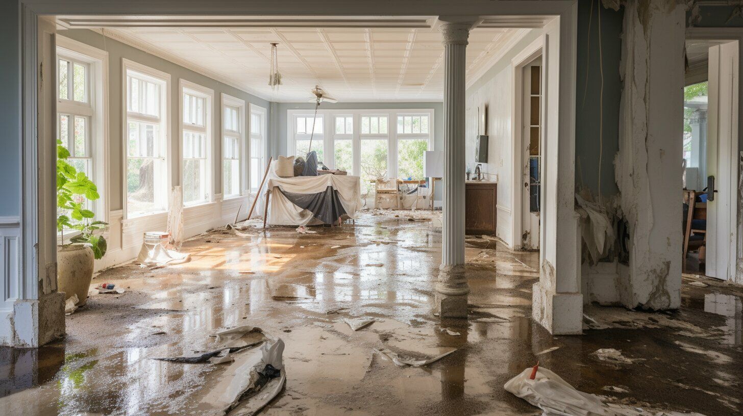 A flooded room in a house with a lot of water on the floor.
