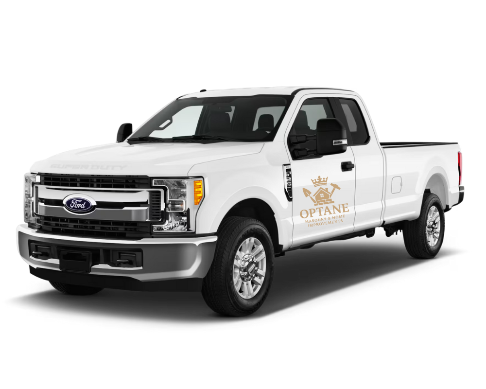 A white Ford pickup truck with a logo on the driver's side door, set against a plain white background.