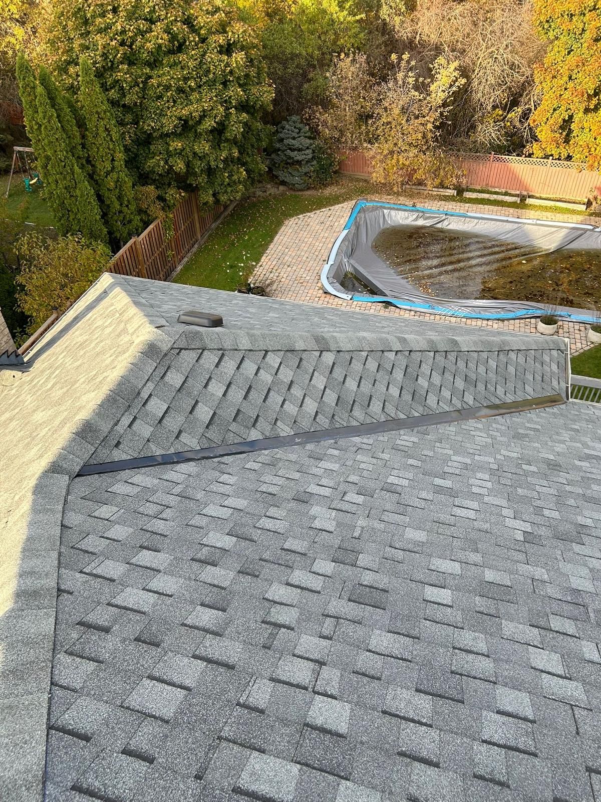 View from a roof of asphalt shingles, overlooking a backyard with a pool and trees.