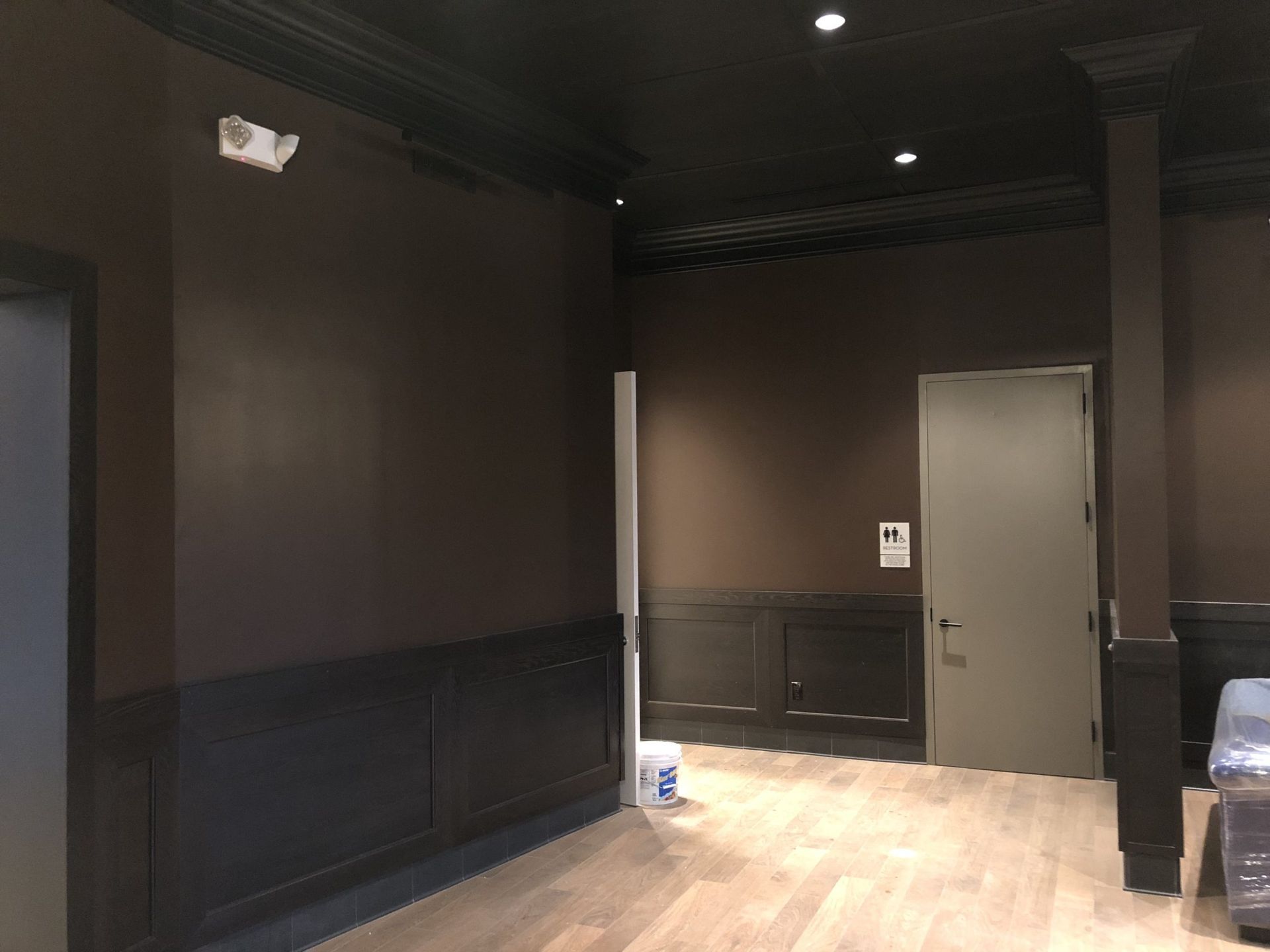 Dark-painted interior with wood paneling, a closed door, and overhead lighting.