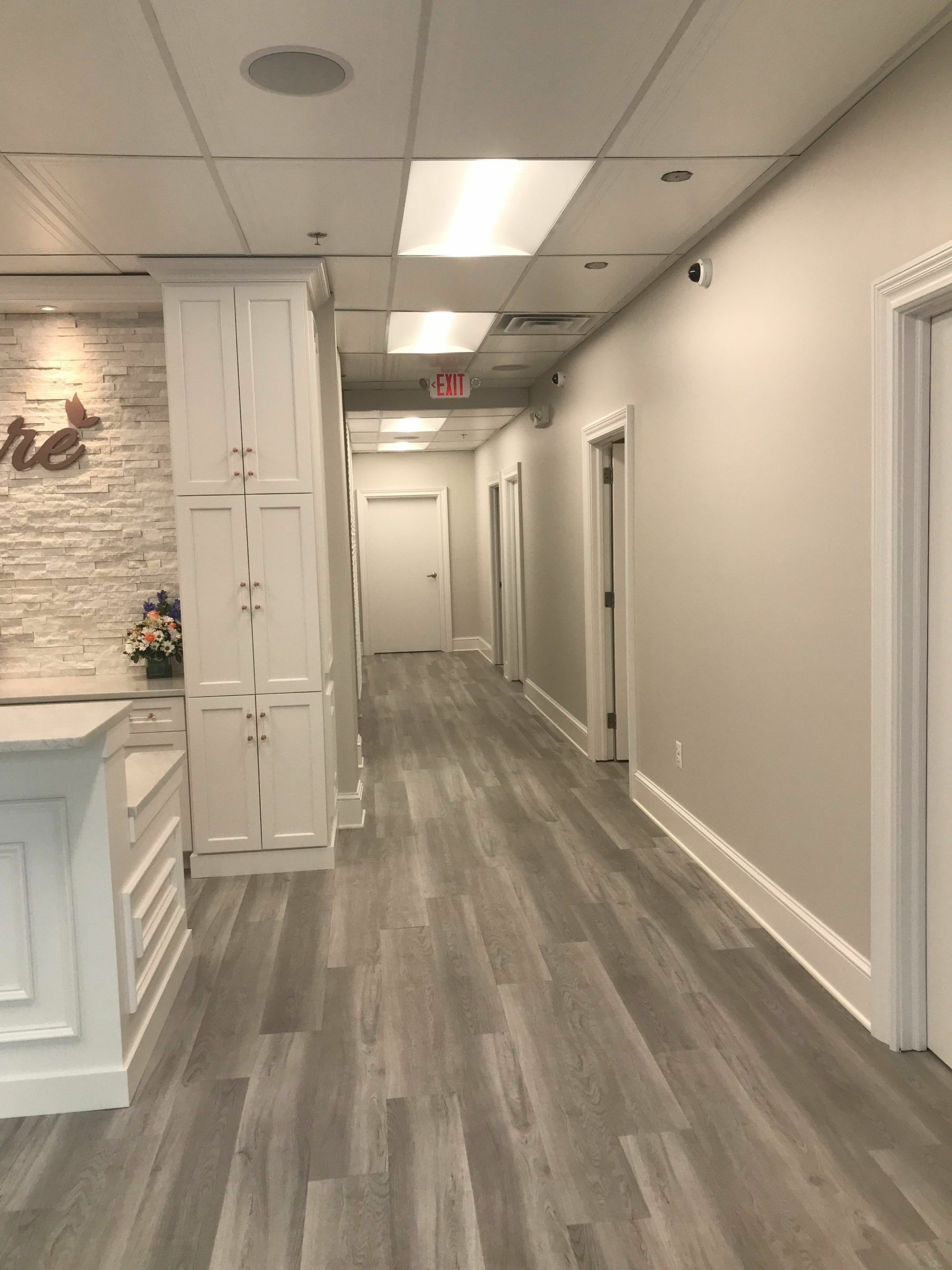 Hallway with gray wood-look flooring, white walls, doors, and a decorative storage cabinet.