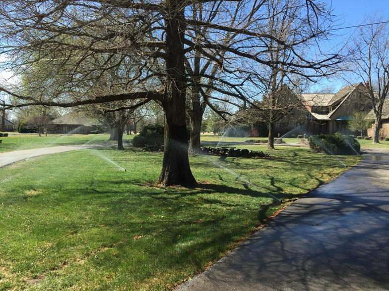 a lawn sprinkler is spraying water on a lush green lawn