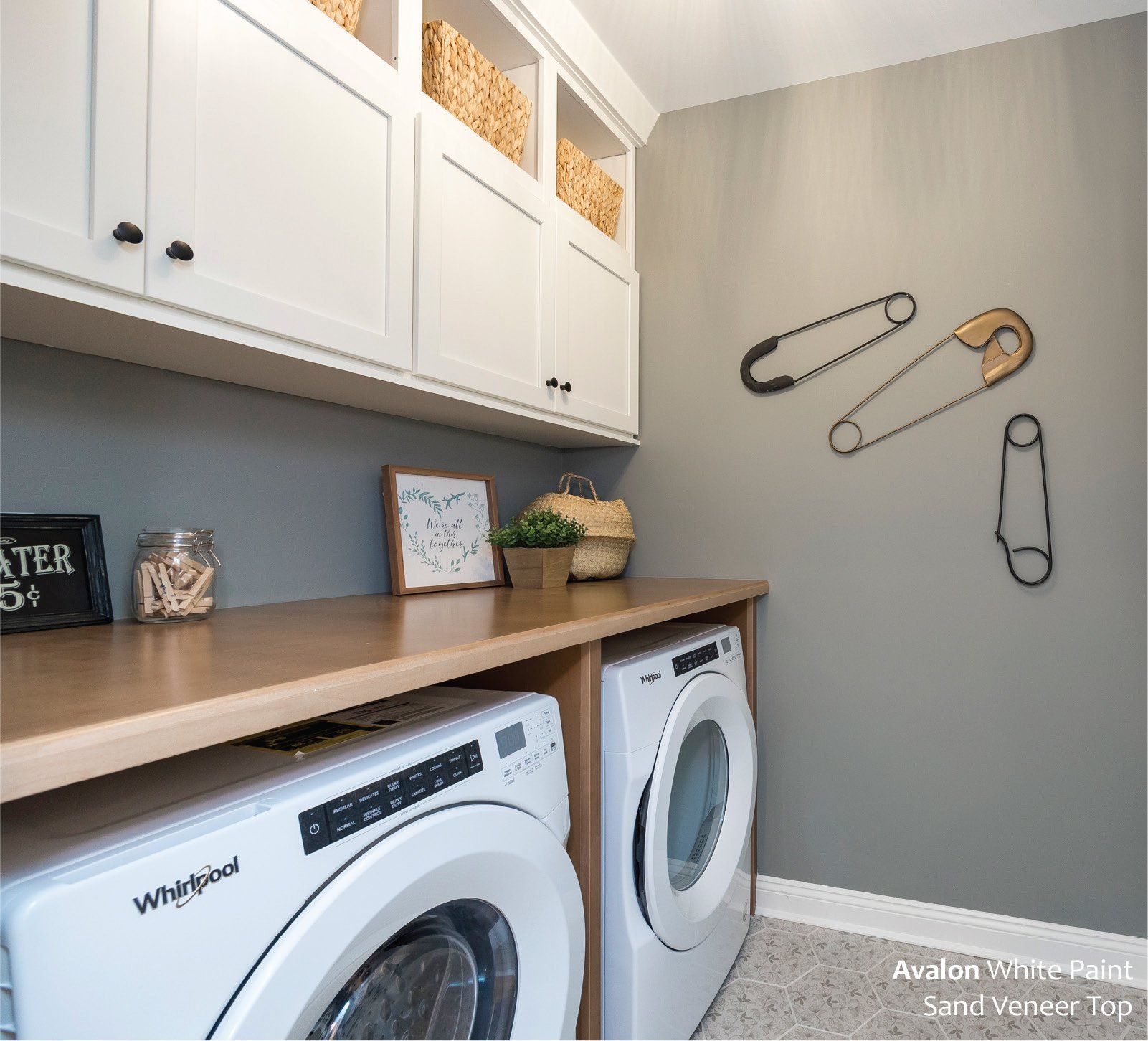 Avalon White Paint, San Veneer Top Cabinets