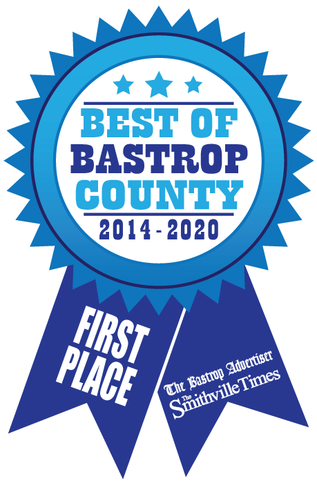 A blue ribbon that says best of bastrop county 2014-2020