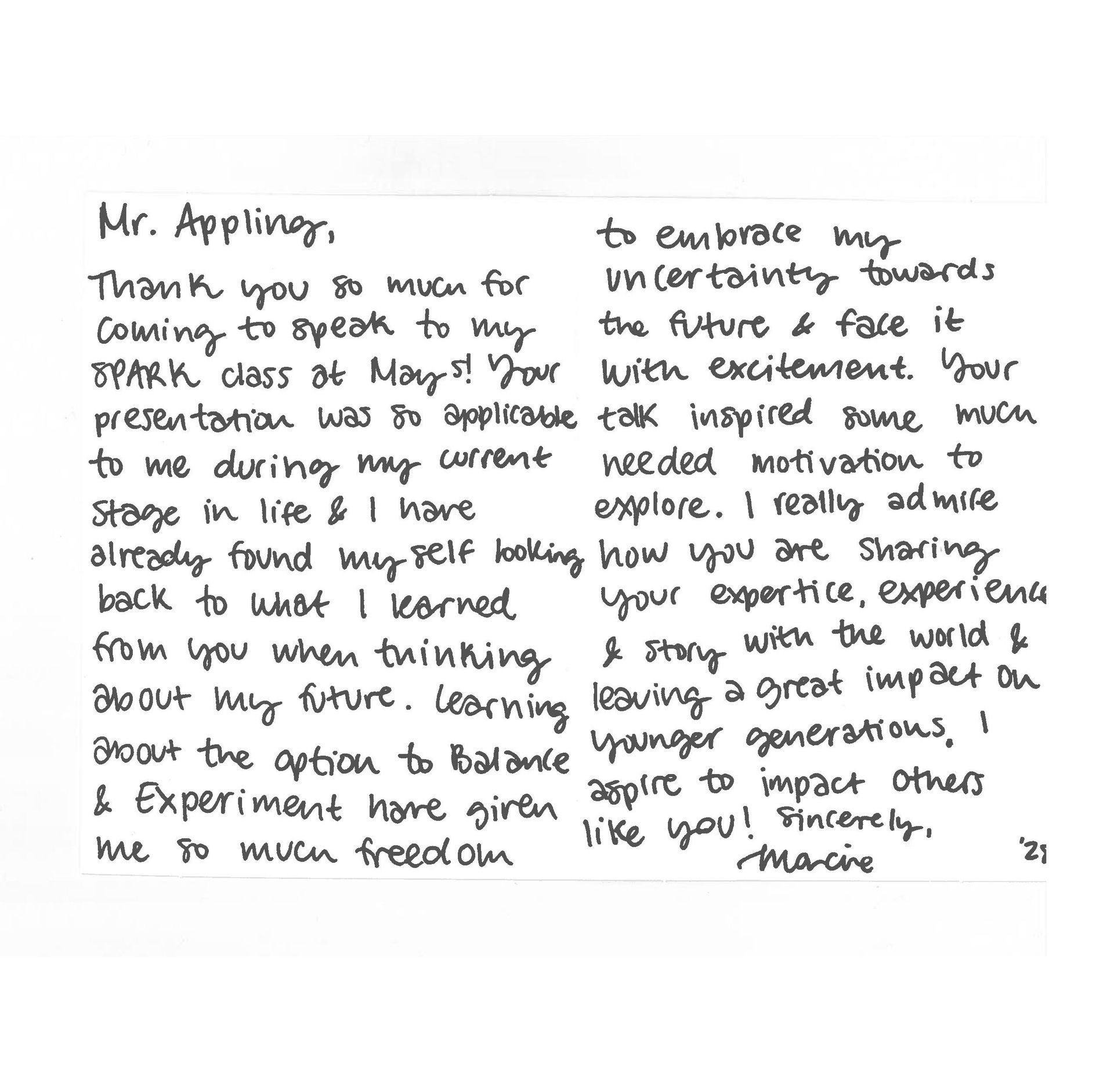 Thank you note from Marcene R.