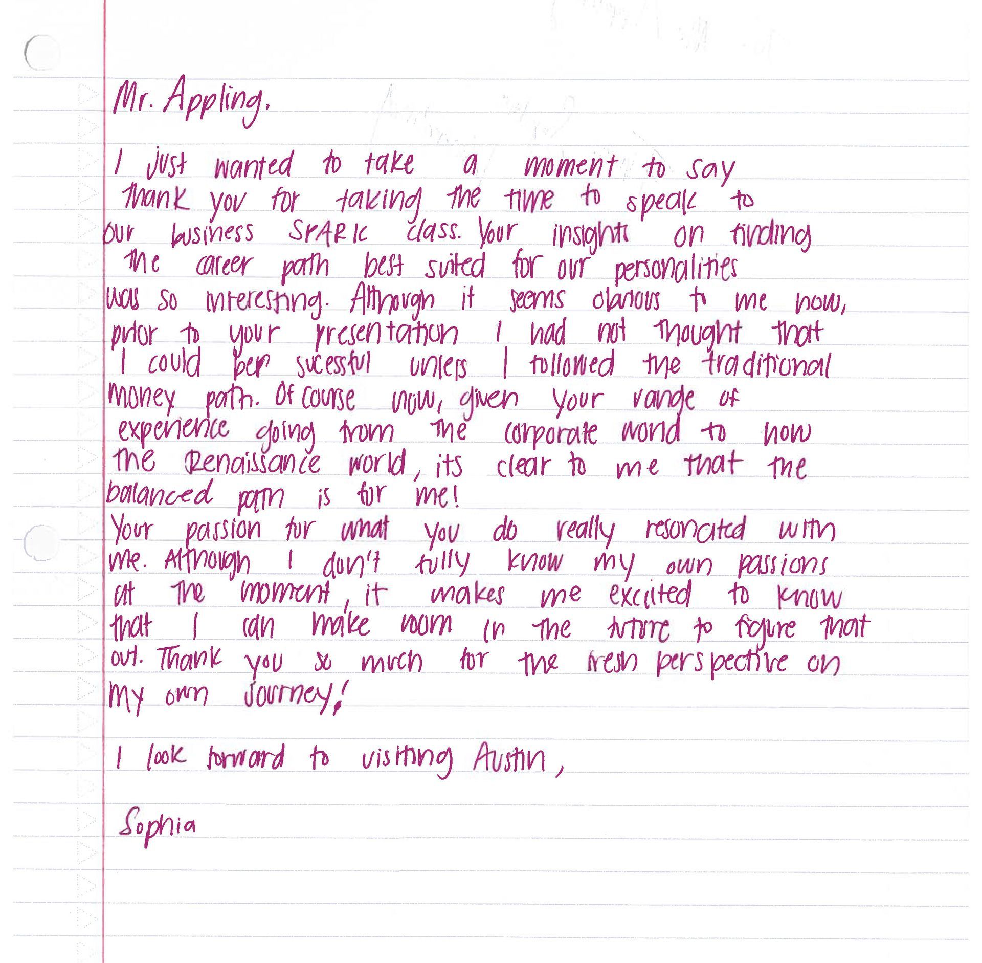 Thank you note from Sophia K.