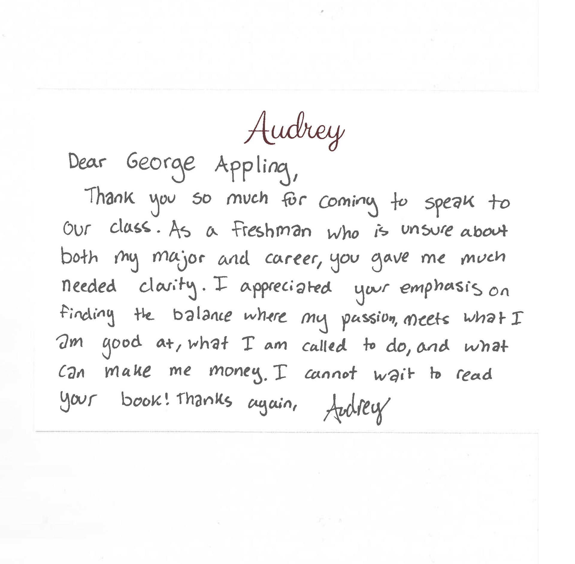 Thank you note from Audrey S.