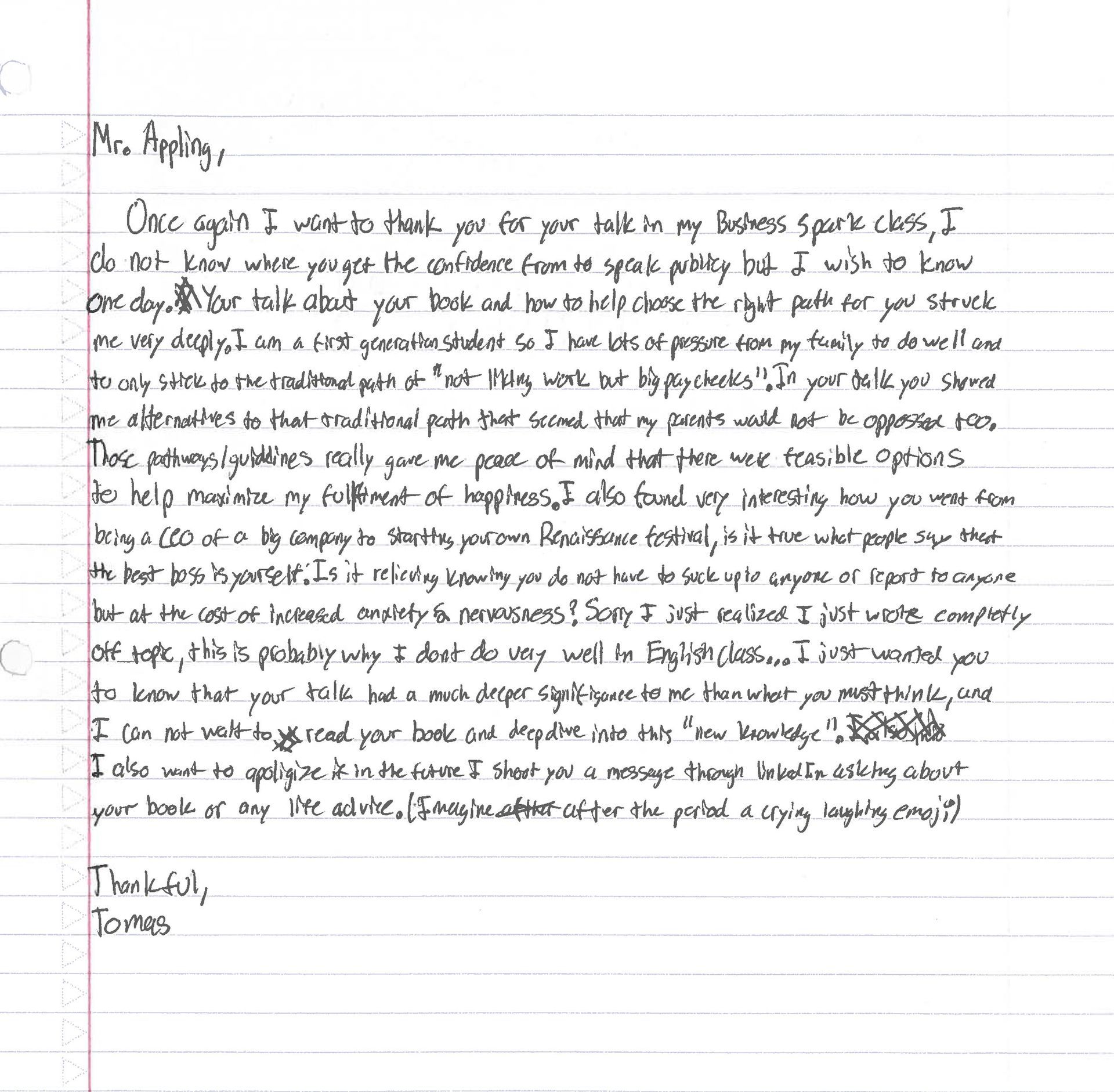 Thank you note from Tomas K.