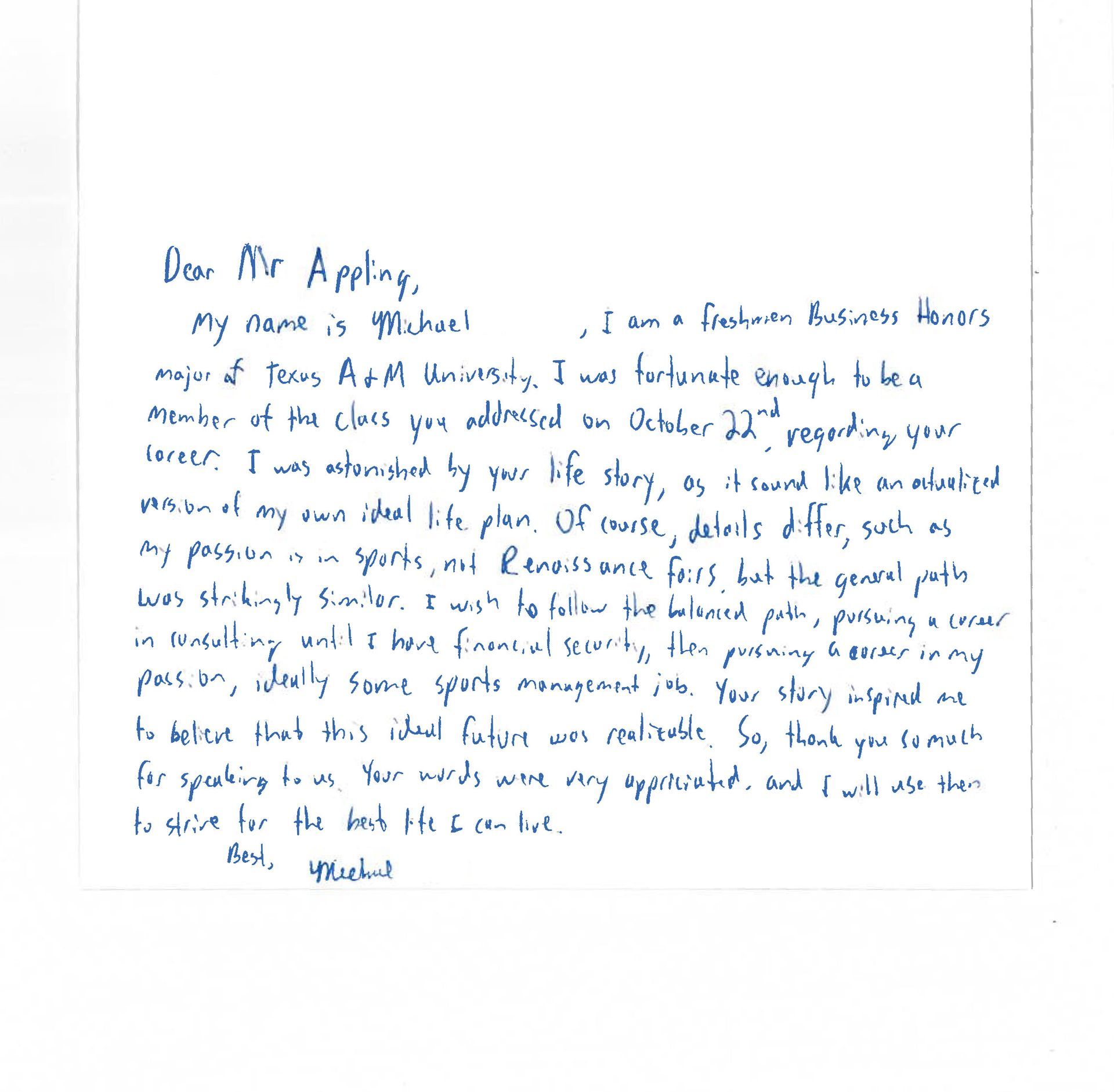 Thank you note from Michael P.