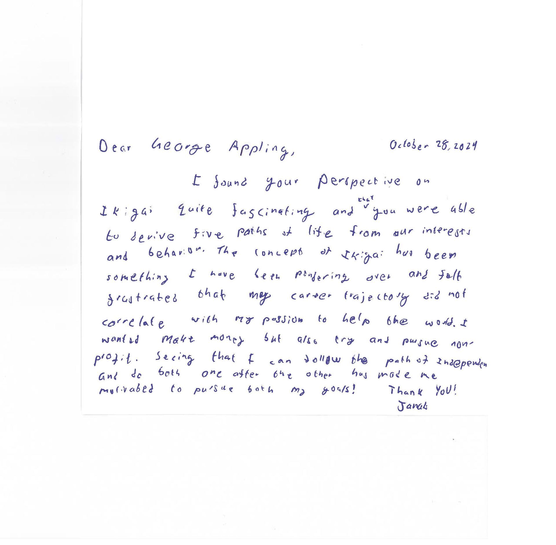 Thank you note from Janal K.