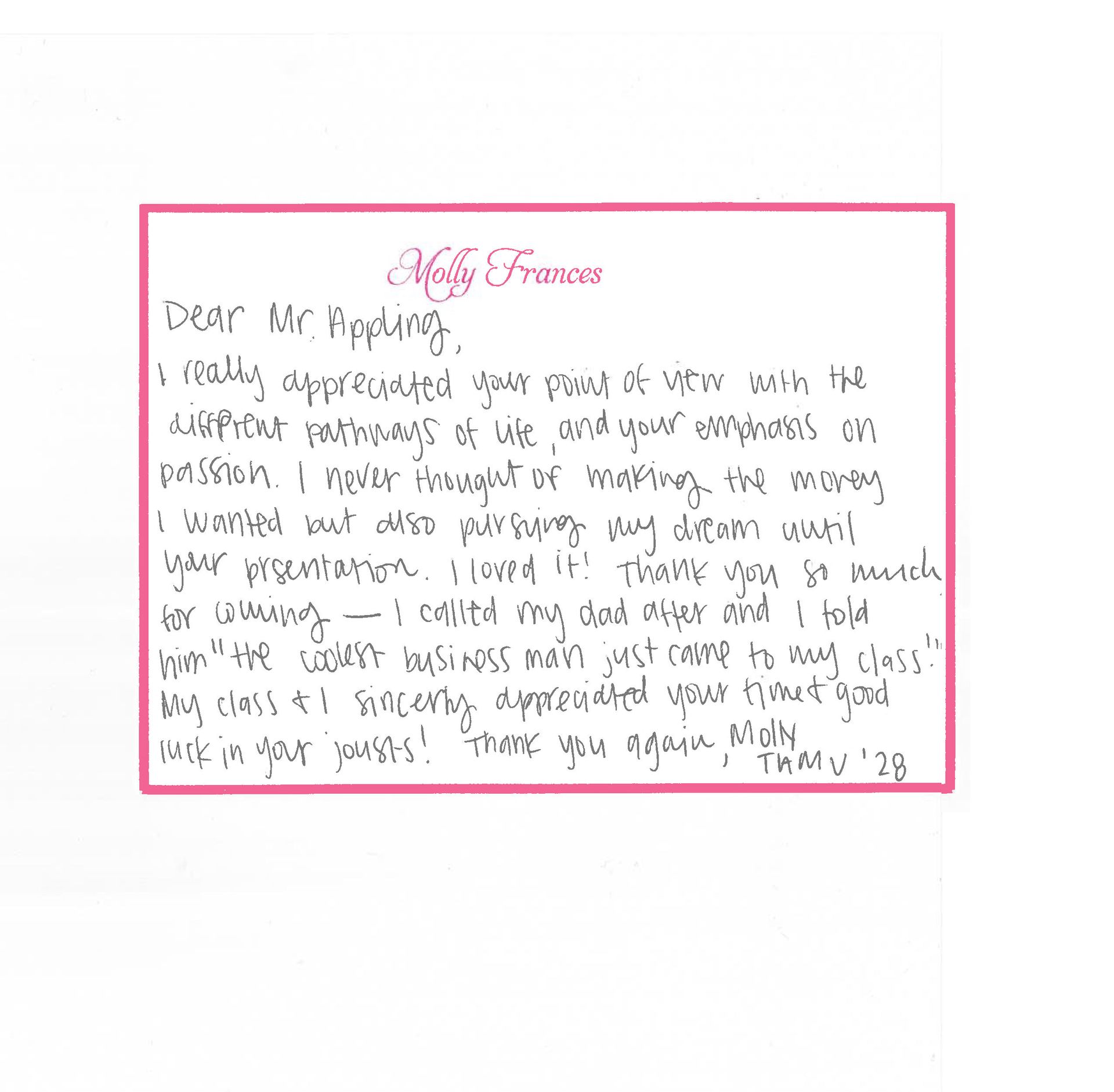 Thank you note from Molly S.