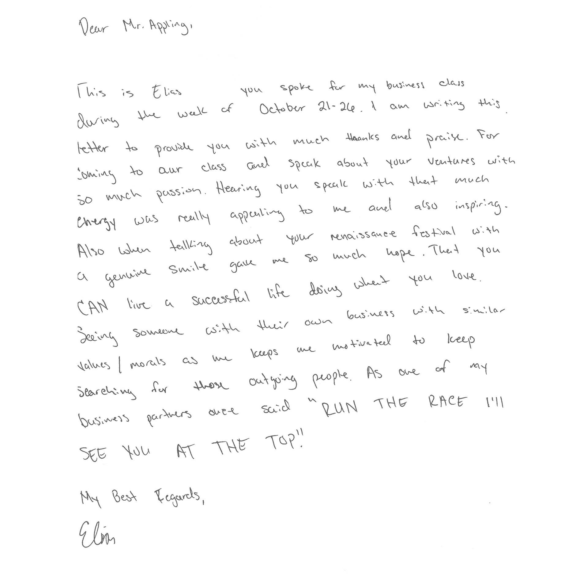 Thank you note from Elias V.