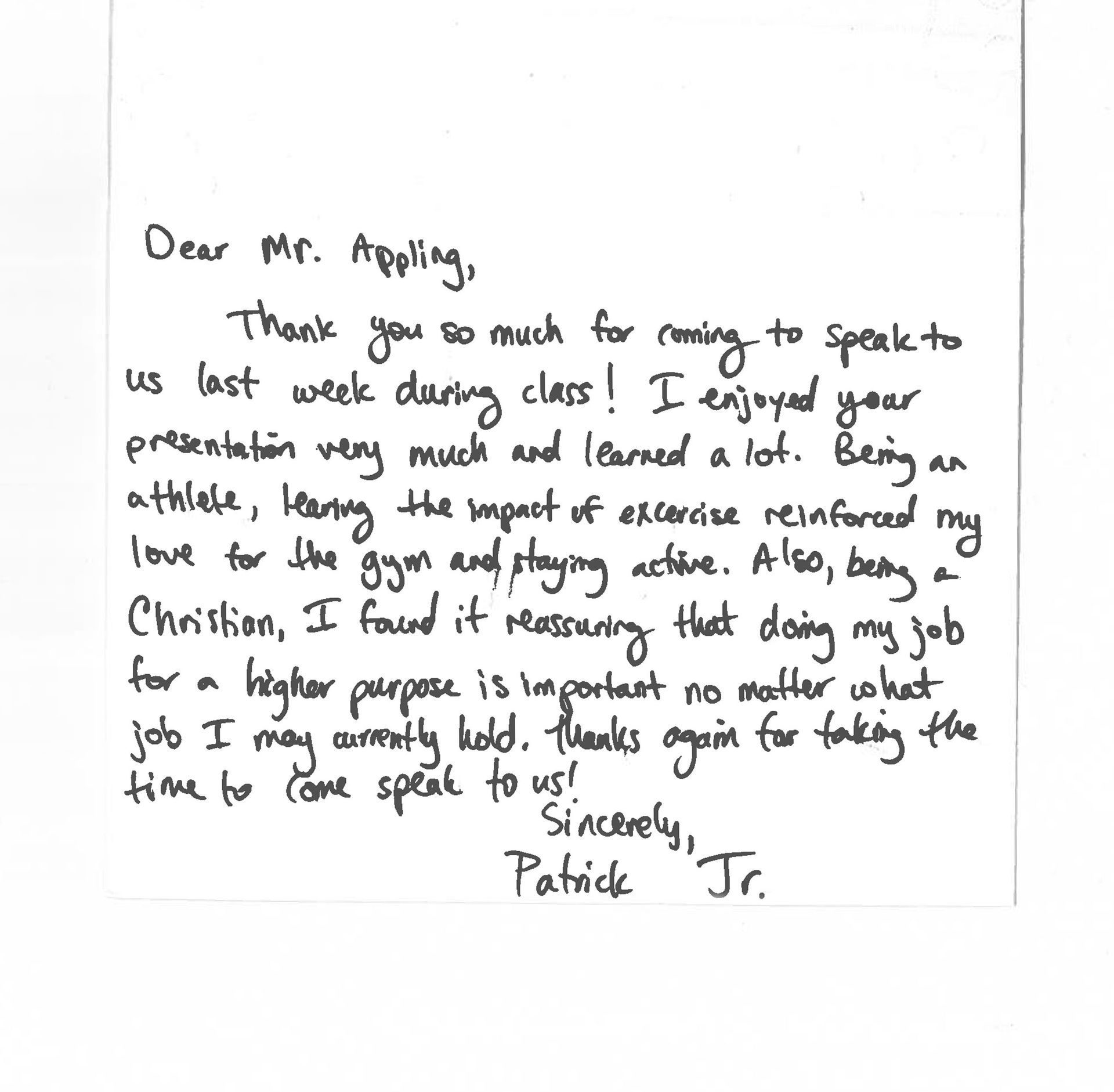 Thank you note from Patrick K.