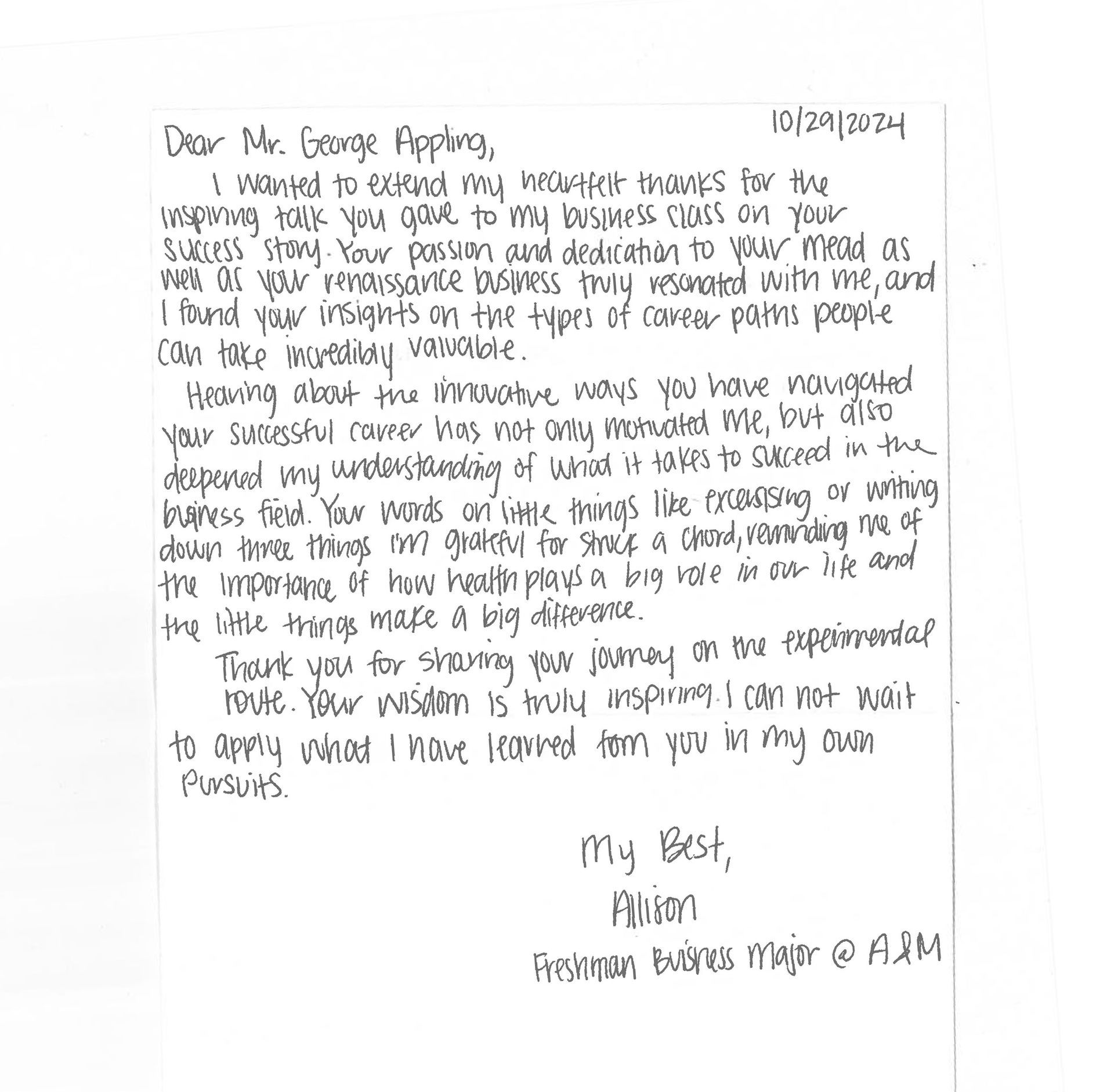 Thank you note from Allison C.