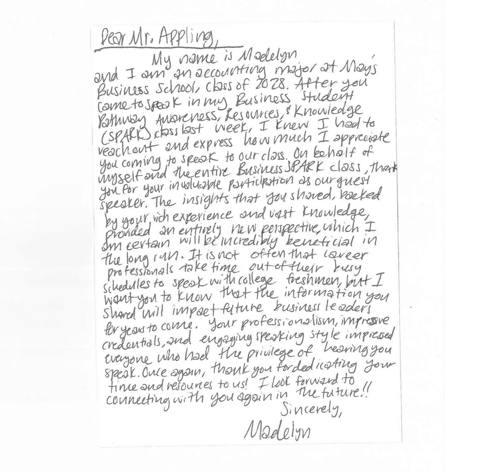 Thank you note from Madelyn S.