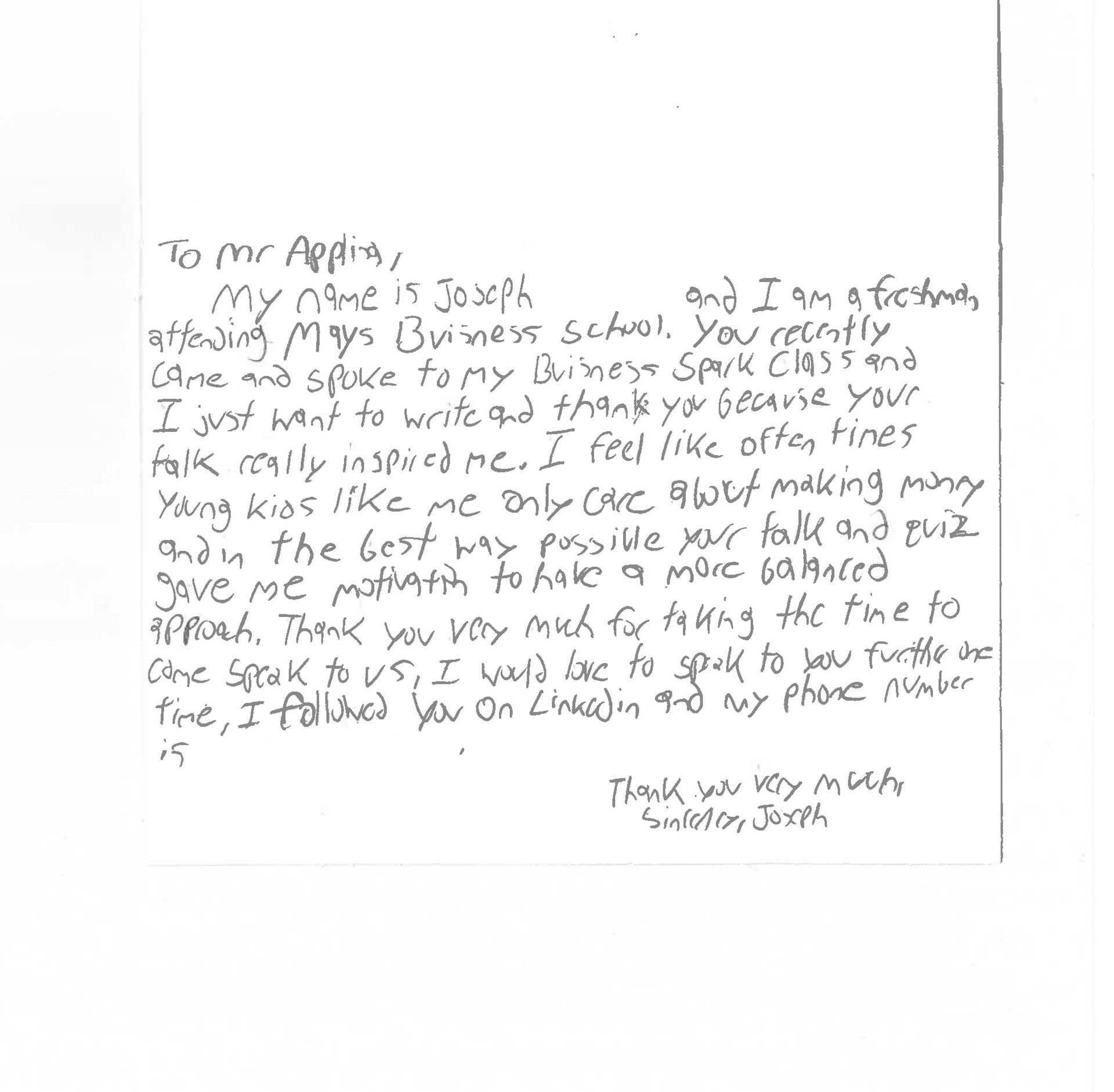 Thank you note from Joseph J.