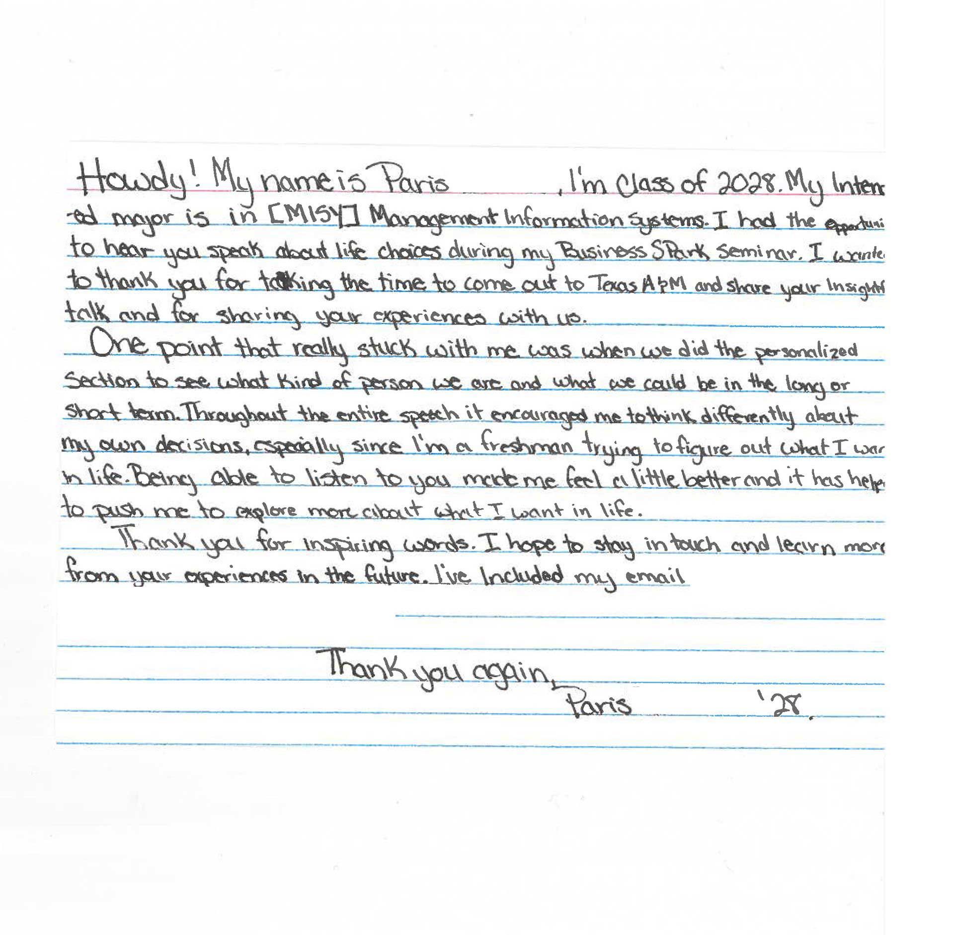 Thank you note from Paris B.