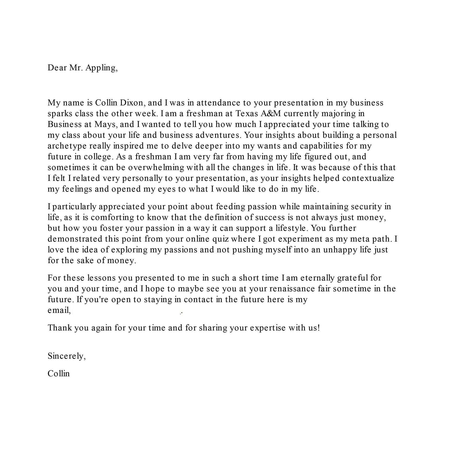 Thank you note from Collin D.