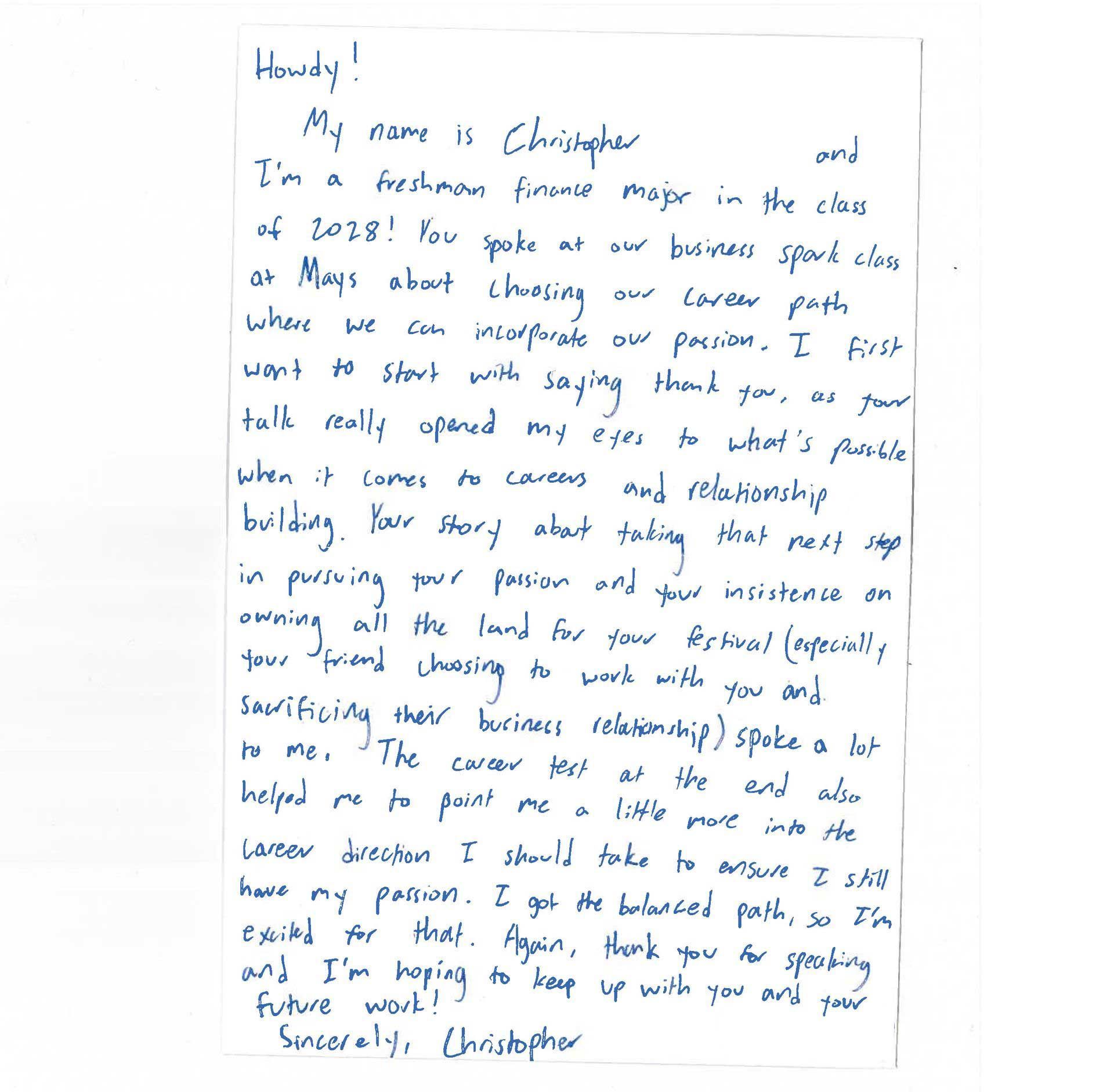 Thank you note from Christopher K.