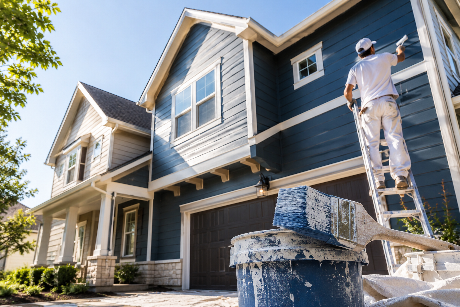 Professional exterior house painting project on a residential home in Austin, TX