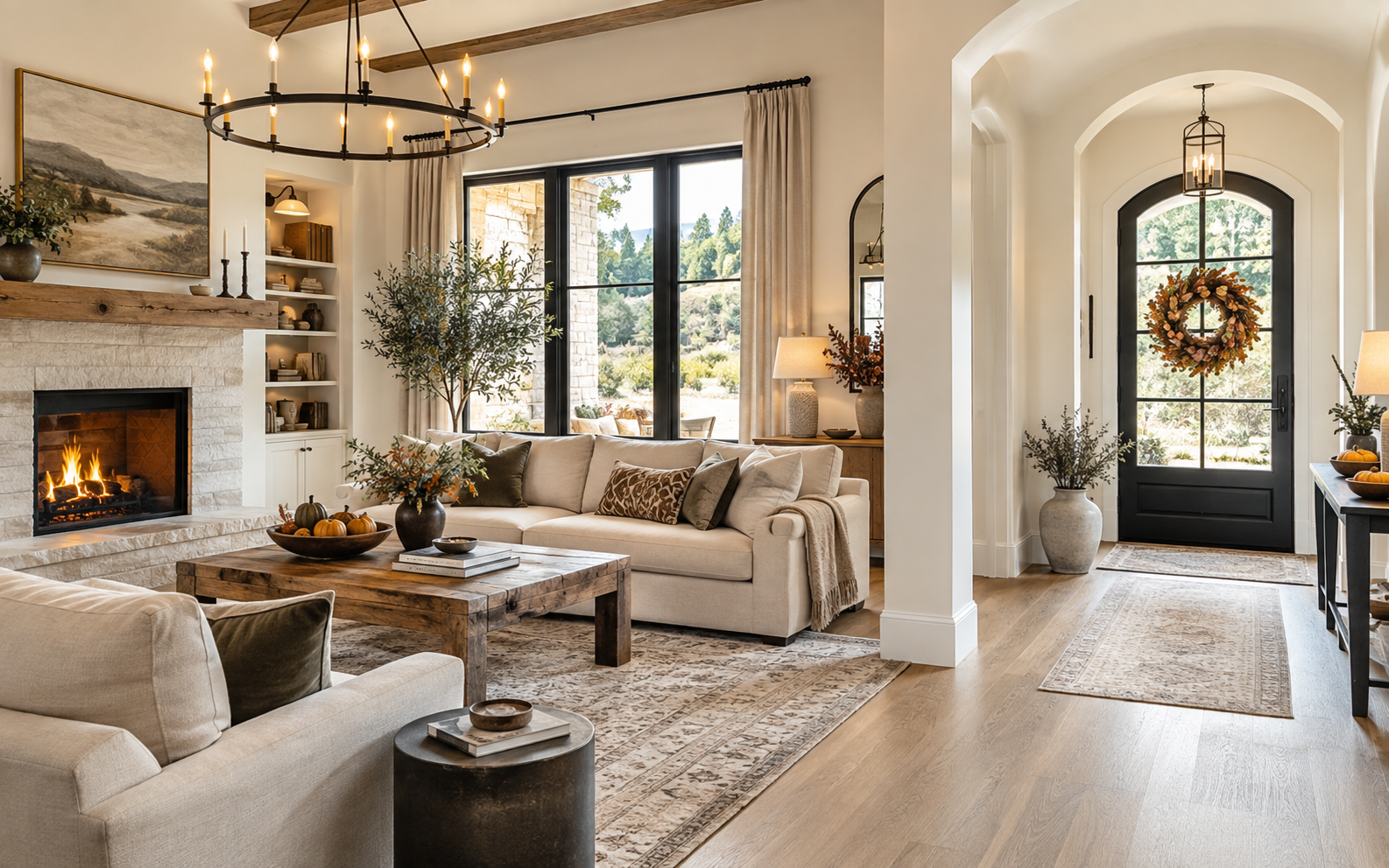 Freshly painted Austin TX living room decorated for fall and the holidays