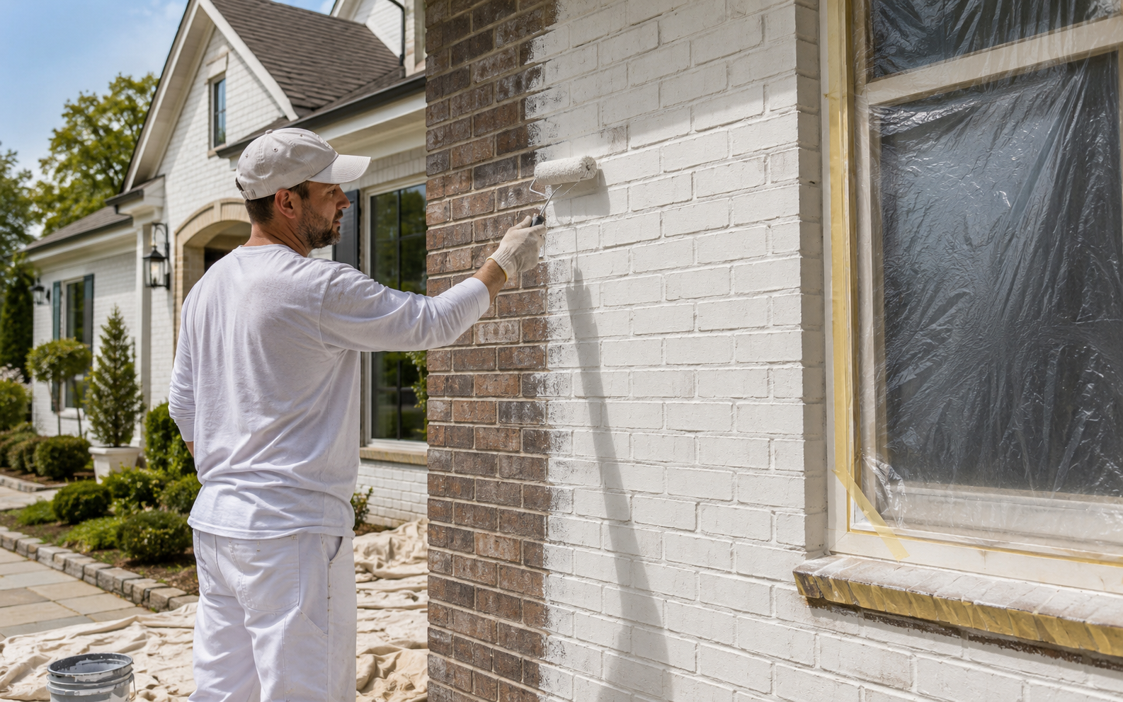 Painter applying white paint to a brick house exterior beside a covered window