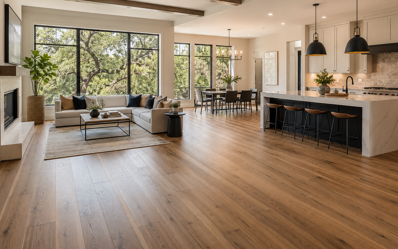 Bright open-concept living room with wood floors, large windows, gray sofa, and black kitchen island.