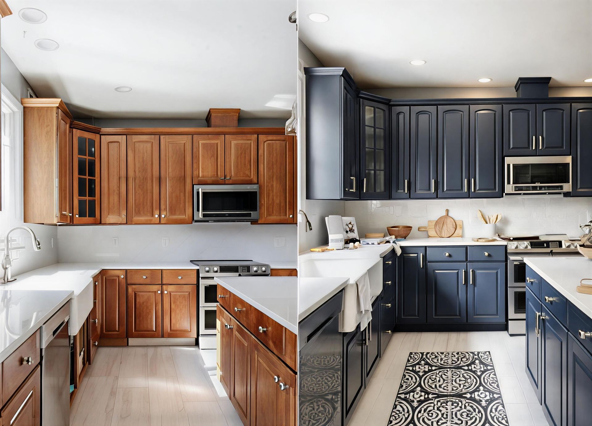 A side-by-side comparison of a kitchen, showing original light wood cabinets on the left and refinished navy cabinets on the right.