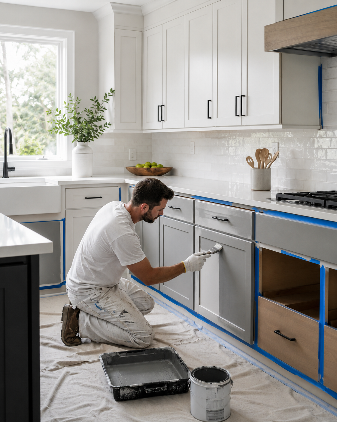 Painter applying white paint to lower kitchen cabinets in a bright, modern kitchen.