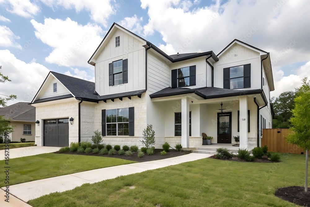 White farmhouse-style house with black accents, front porch, and manicured lawn on a sunny day.