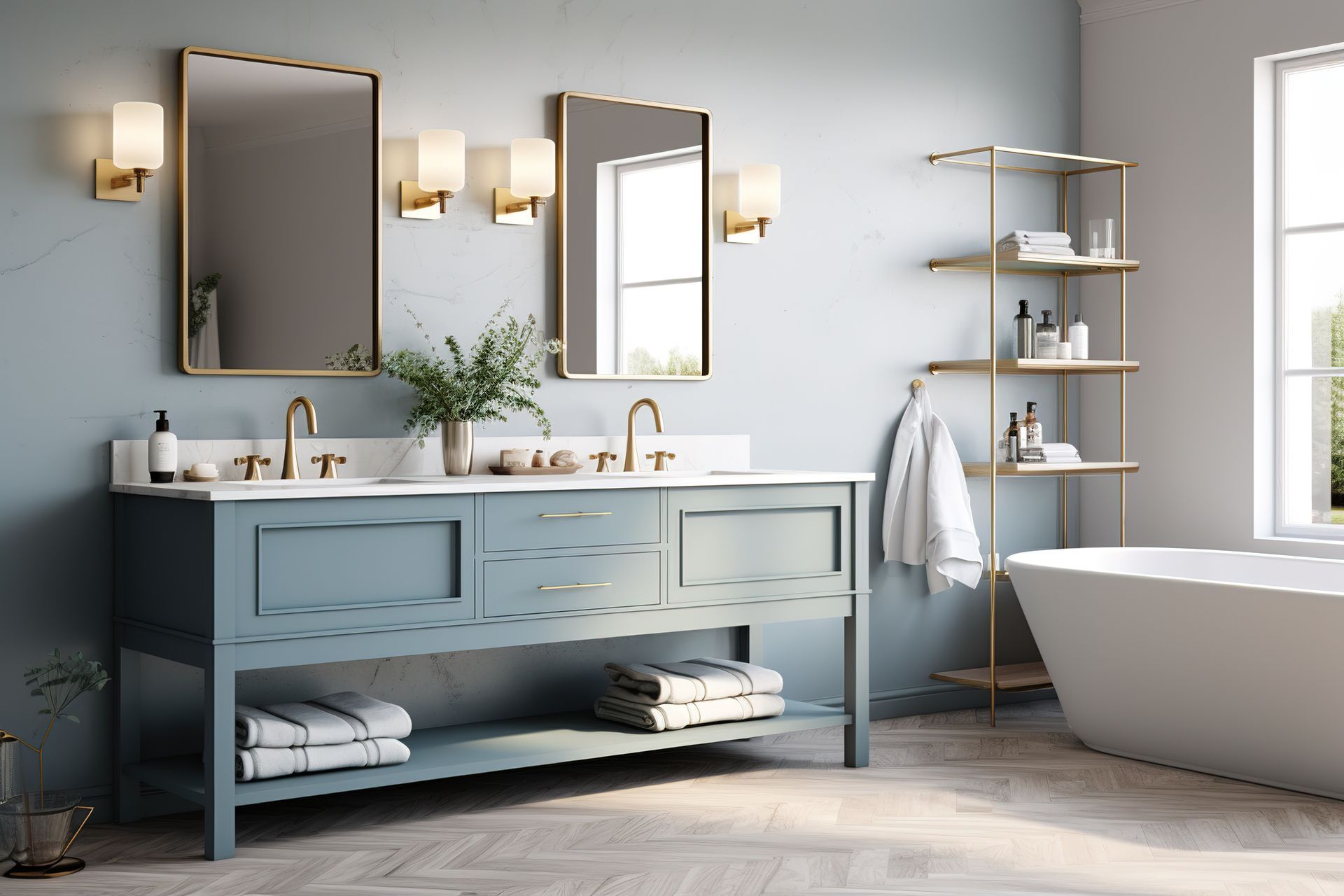 Blue and white bathroom with double vanity, gold mirrors, and a freestanding tub.