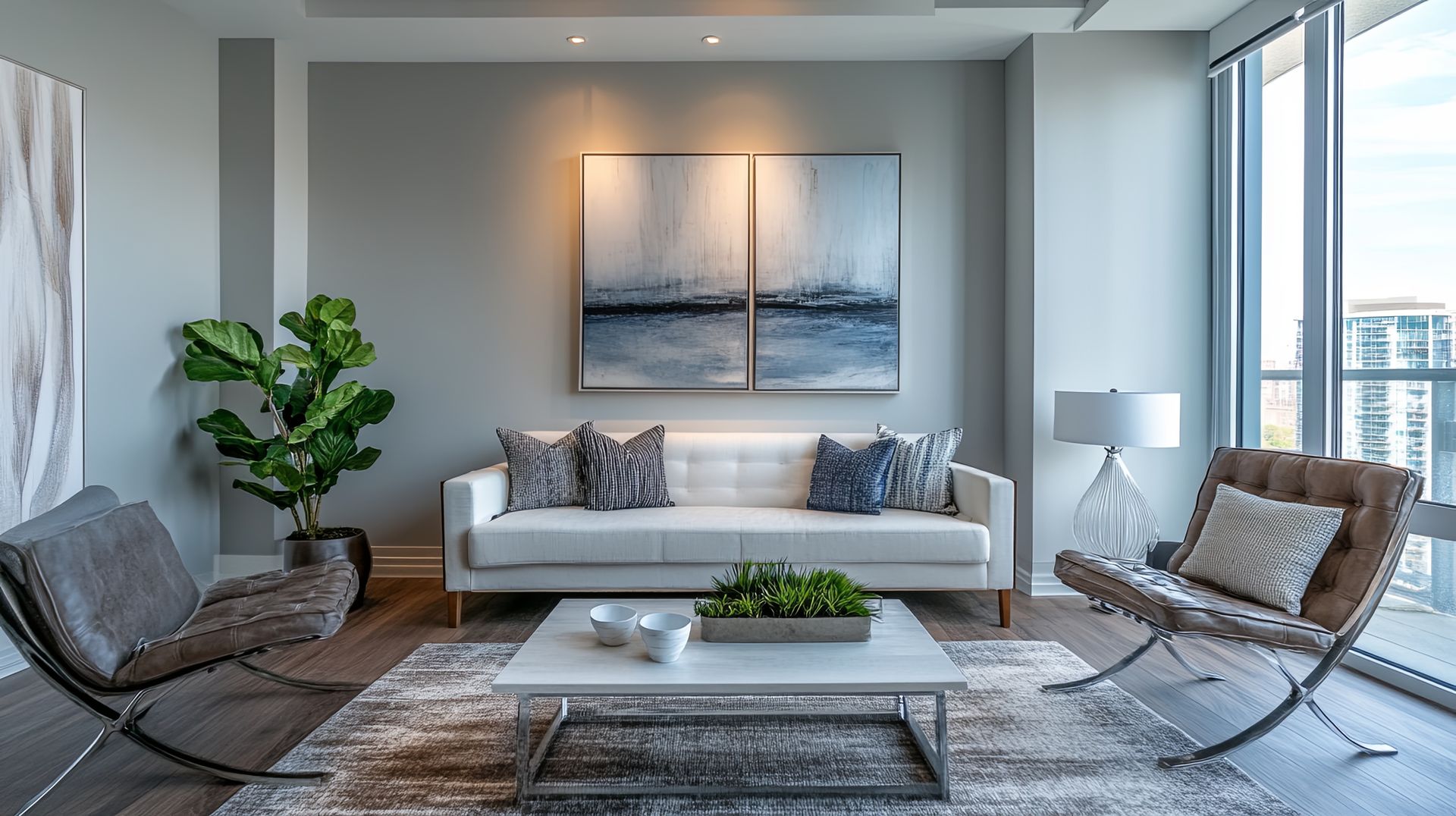 Modern living room with white sofa, accent chairs, artwork, and large windows.