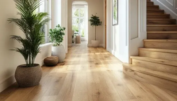 Hallway with light wood floors and staircase, potted plants, and natural light.