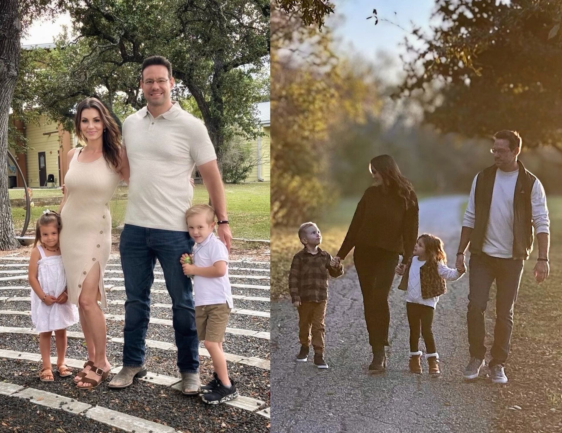 A split-view image showing a family of four posing outdoors in two different settings, wearing casual clothing.