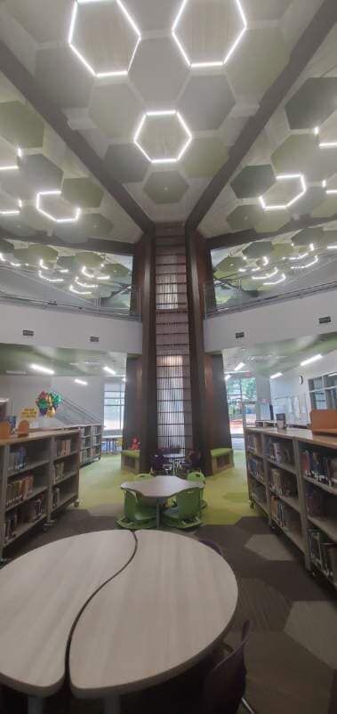 Library interior with bookshelves, tables, hexagonal ceiling lights.