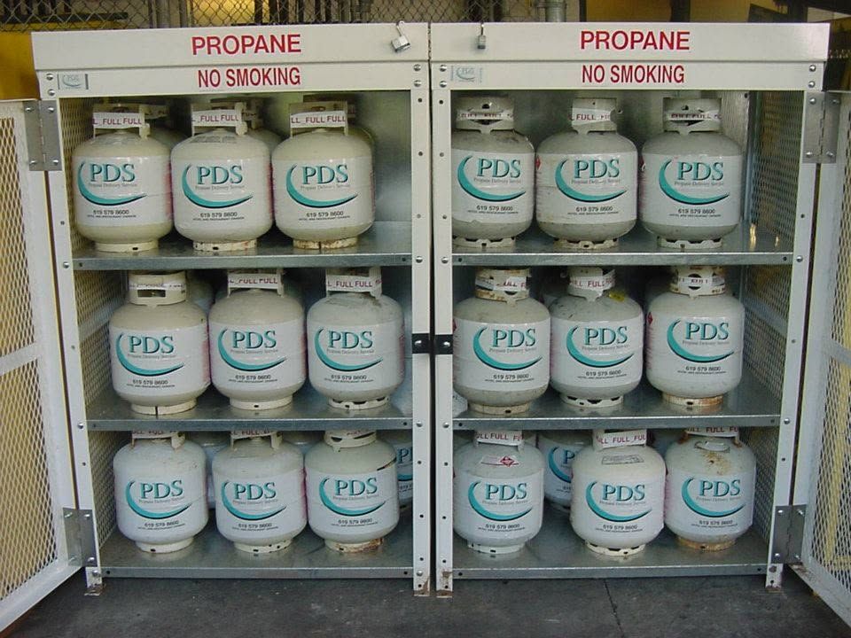 Shelved propane cylinders in a storage cage with “NO SMOKING” signs above them