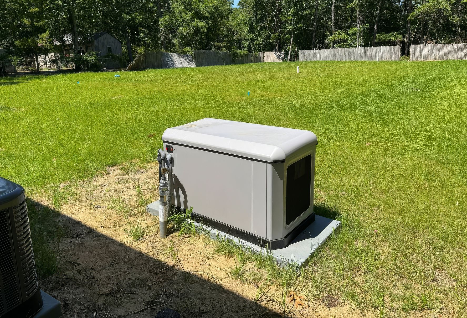 Gray outdoor utility box on a concrete pad in a sunny grassy yard