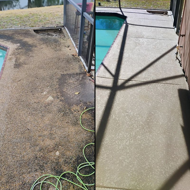 Before-and-after poolside walkway: dirty, patchy concrete on the left, clean resurfaced concrete on the right.