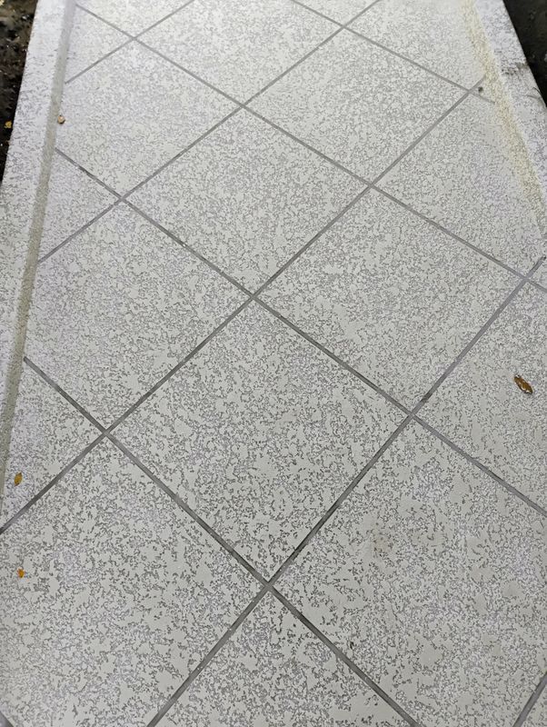 Gray tiled pavement with diagonal grout lines and a few small leaves scattered on it