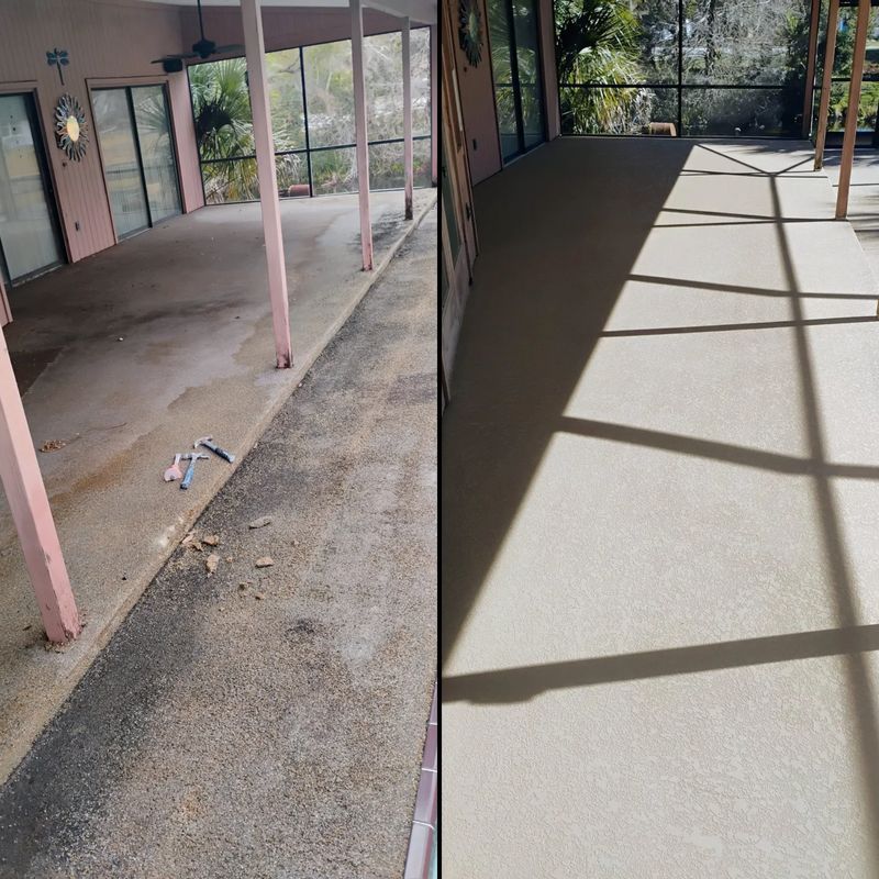 Outdoor walkway before-and-after: cracked concrete on left, smooth gray resurfaced floor on right, with pink columns.