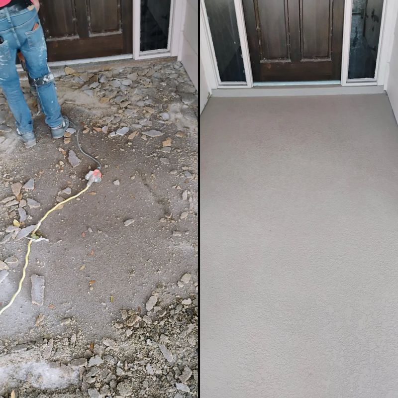 Before-and-after patio repair: broken concrete replaced with smooth beige surface by a doorway.